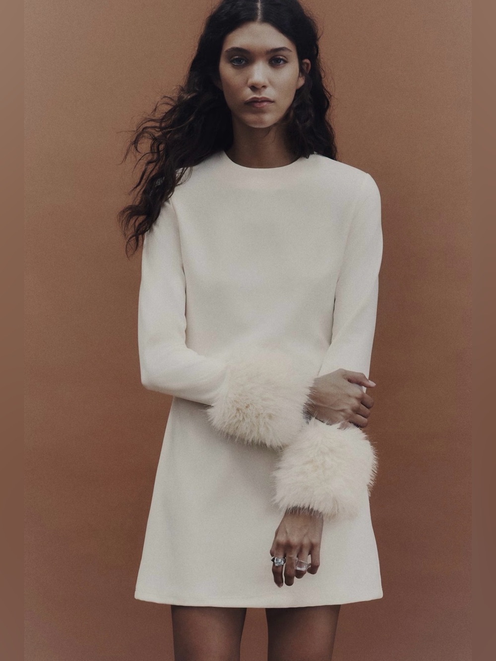 SOLD OUT H&M Ivory Mini Dress with Faux-Fur Cuffs S New